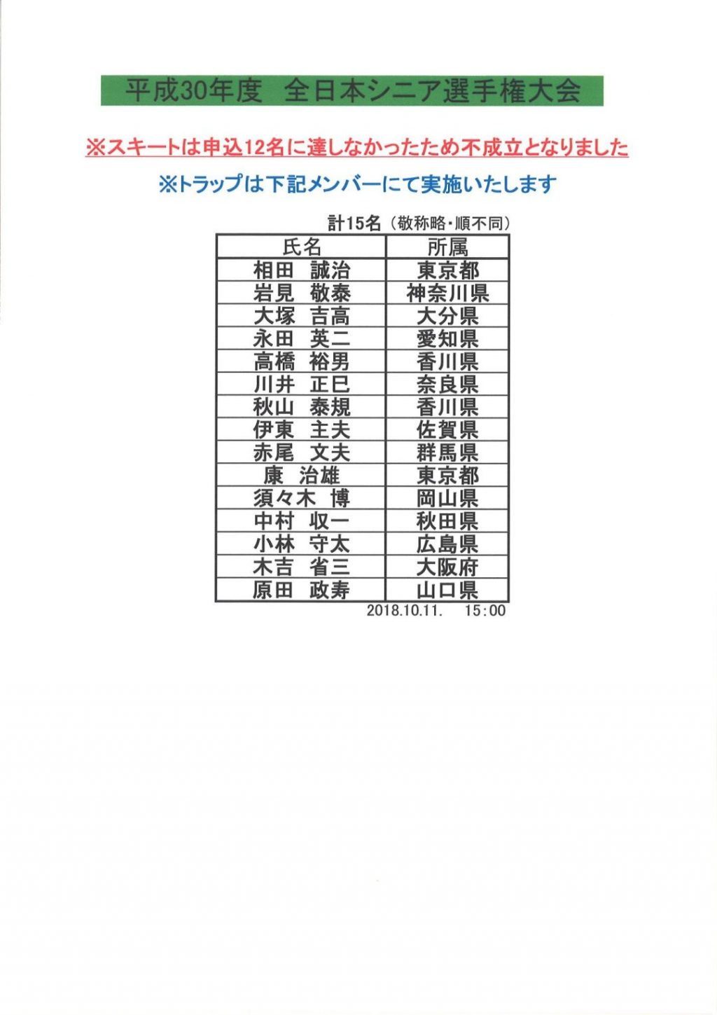 平成30年度全日本シニア 女子選手権大会 福岡 申込状況結果 Jcsa 日本クレー射撃協会